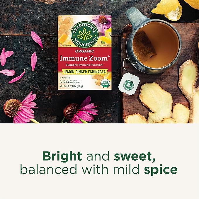 Traditional Medicinals Tea, Organic Immune Zoom Lemon Ginger - Supports Immune Function - Kosher, Non-GMO, Caffeine-Free, Compostable - 48 Tea Bags (3 Pack)
