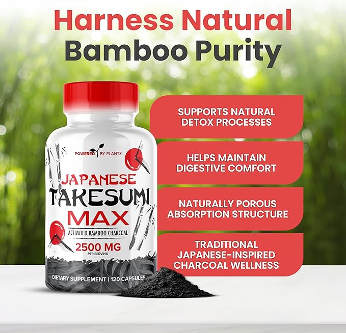 Takesumi Activated Charcoal Capsules 2500MG - Pure Activated Charcoal Supplement from Bamboo for Max Absorption, Detox & Gut Nutrition - 120 Vegetarian Capsules by Powered X Plants
