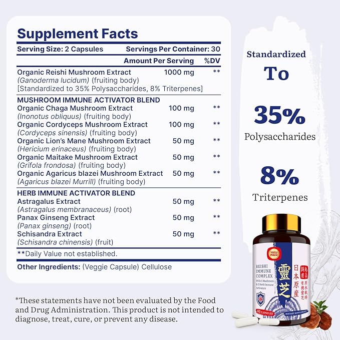 Japanese Reishi Mushroom Complex Supplement 1500mg - Reishi,Chaga,Cordyceps,Lion's Mane,Maitake,Agaricus Mushrooms Extract & 3 Herb,Organic Mushroom Capsules for Immune,Brain,Energy (Pack of 1)