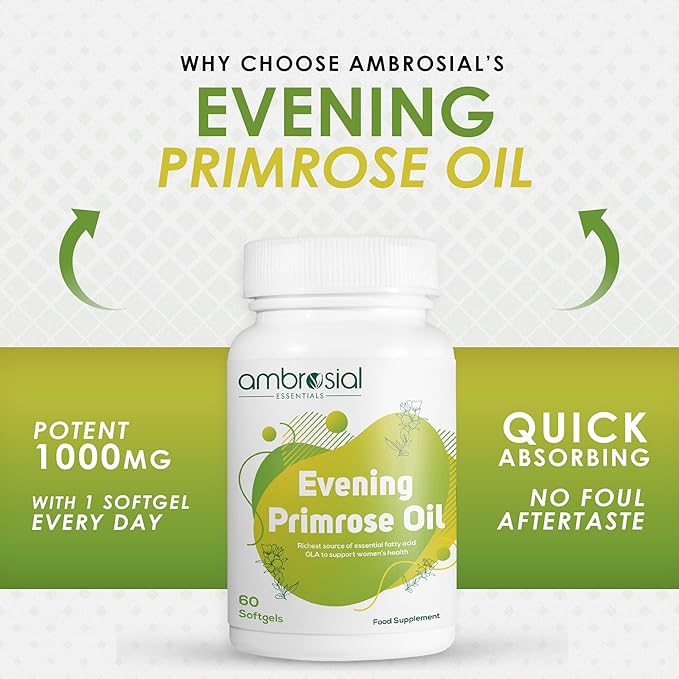 AMBROSIAL Evening Primrose Oil (EPO) 1000mg | 60 Capsules | Rich Source of Omega 6 & GLA | Non-GMO, Gluten Free | No Artificial Preservatives (Pack of 2-120 Capsules)