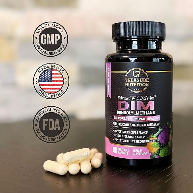DIM Supplement with Broccoli Extract and BioPerine - Natural Hormone Balance Support for Women and Men - Estrogen Balance - Menopause, Acne - 60 Vegetarian Capsules with Calcium D-Glucarate
