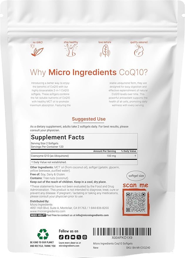 Micro Ingredients CoQ10 100mg Per Serving | 240 Softgels Made with Coconut MCT Oil | High Absorption Coenzyme Q10 as Ubiquinone | Non-GMO