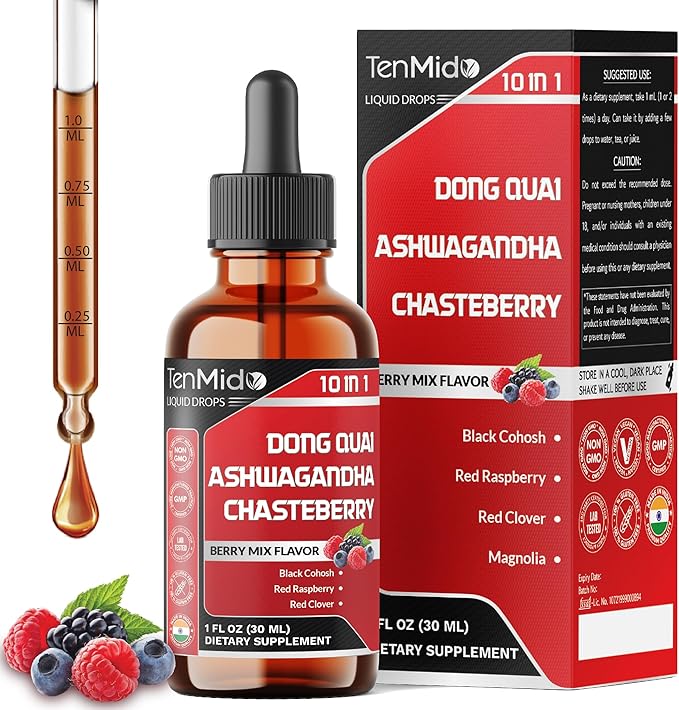 10in1 Liquid Dong Quai Supplement for Women with Ashwagandha, Chasteberry, Black Cohosh, Red Clover, Magnolia, Red Raspberry, Hops Flower, Lemon Balm, and Ginger - 30ml 1 Fl Oz