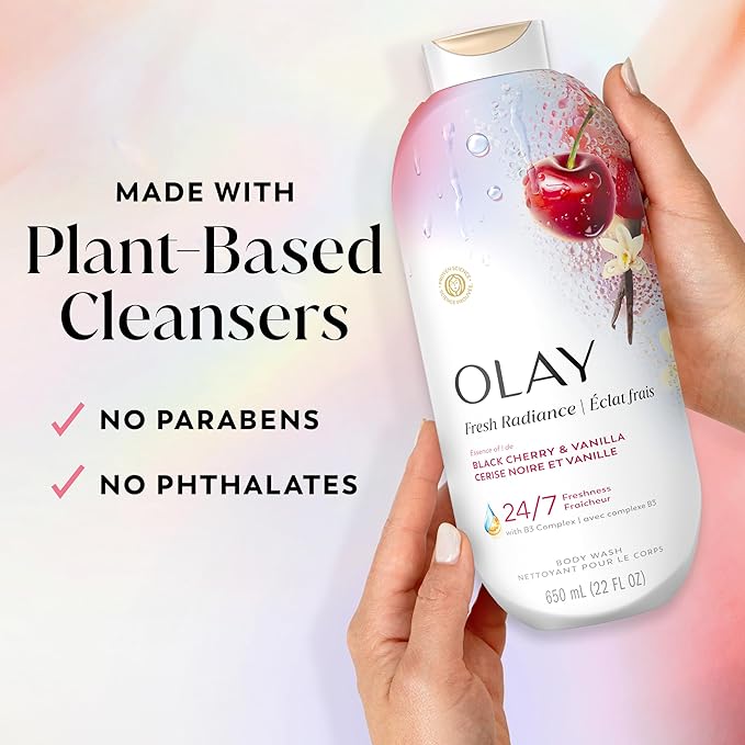 Olay Body Wash for Women, Fresh Radiance, 24/7 Skin-Loving Freshness, Visibly Radiant, Plant Based Cleansers, Vitamin B3 & Antioxidant Blend, For All Skin Types, Black Cherry & Vanilla Scent, 22 fl oz