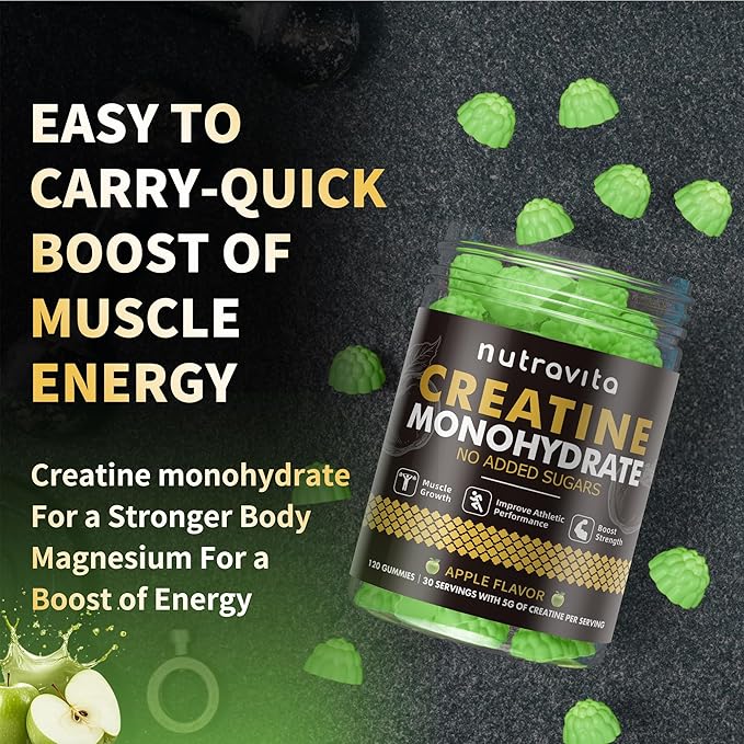Nutravita NSF Certified Creatine Gummy - Creatine Monohydrate Gummies for Men & Women-5g of Creatine Monohydrate per Serving - Sugar Free,Vegan, Apple Flavor, 120 Count