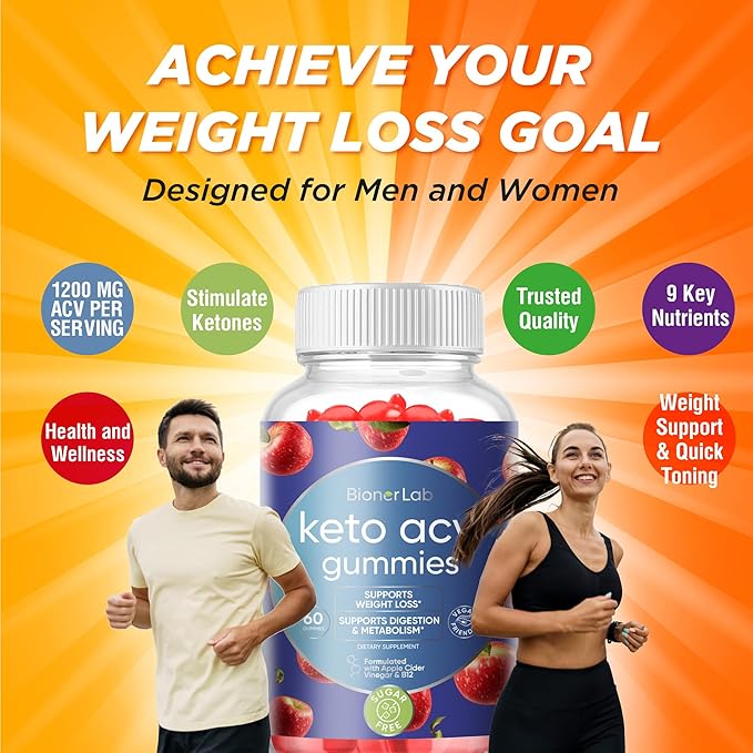 BionerLab Keto ACV Advanced Weight Loss Gummies - Apple Cider Vinegar Gummy for Belly Fat Burn - Support Metabolism Digestion Boost - Sugar Free with B12 B6 to Lose Weight & Ketogenic Diet Management