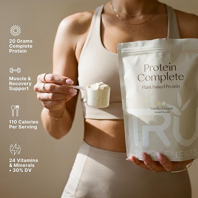 TRU Supplements Plant Based Protein Powder, BCAA, EAA, 20g Vegan Brown Rice & Pea Protein, 100 Calories, 27 Vitamins, No Artificial Flavors 25 Servings (Vanilla Cream)