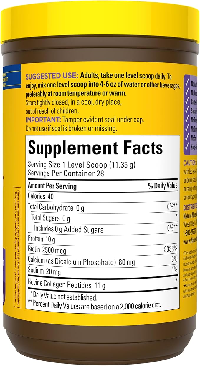 Nature Made Collagen Peptides Powder Type 1 and 3, Joint Support Collagen Powder Unflavored, Sugar Free, Keto Friendly with Biotin for Hair, Skin & Nails Support, 11.2 oz, 28 Day Supply