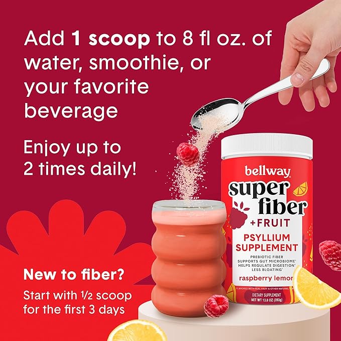 Bellway Super Fiber Powder + Fruit, Sugar Free Organic Psyllium Husk Powder Fiber Supplement for Regularity, Bloating Relief & Digestive Health, Plant-Based, Raspberry Lemon (50 Servings)
