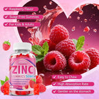 Zinc Gummies for Kids & Adults, Chewable Zinc Supplements for Women & Men Supports Immune System & Cellular Health & Antioxidant Protection, Vegan/Sugar-Free, Raspberry Flavor 120 Count