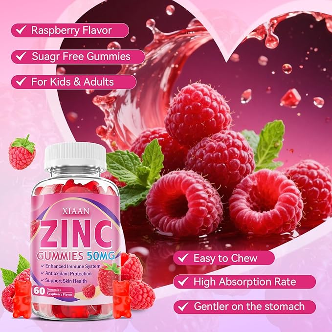 Zinc Picolinate Gummies 50mg for Kids & Adults, Chewable Zinc Supplements for Women & Men Supports Immune System & Cellular Health & Antioxidant, Vegan/Sugar-Free, Raspberry Flavor 60 Count
