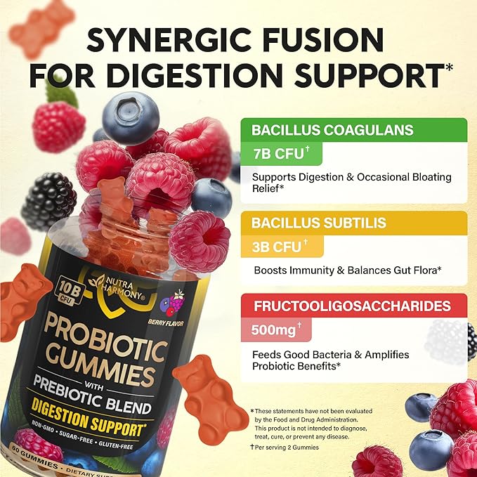 Probiotic Gummies 10B CFU with Prebiotic Fiber - Digestion & Immune Support - Debloat, Stomach & Gut Comfort - Probiotics for Women & Men - Natural Berry Flavor - Vegan & Sugar-free - 60 Gummies