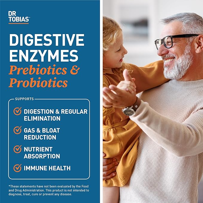 Dr. Tobias Digestive Enzymes with Probiotics, Prebiotics and Postbiotics Bromelain, Amylase, Lipase, for Better Digestion & Immune Function, 60 Capsules, 30 Servings (2 Daily)