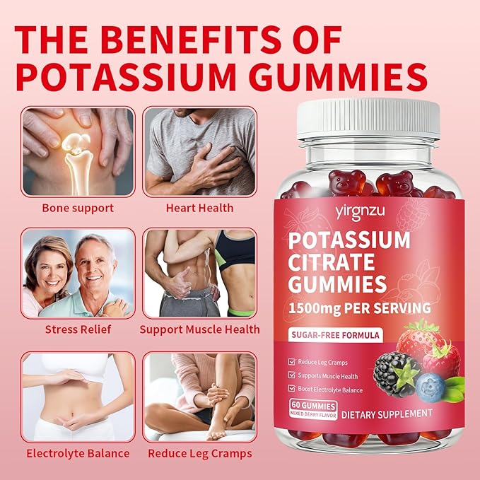 Potassium Citrate Gummies 1500mg, Potassium Supplement for Women & Men, Support Leg Cramps & Muscle Health, Vegan, Mixed Berry Flavor 120 Count