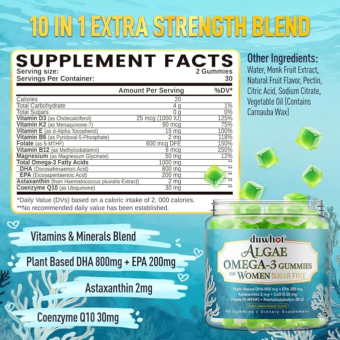 duwhot Vegan Omega-3 Gummies for Women, Algae DHA & EPA 1000mg, with CoQ10, Astaxanthin, Fish Oil Supplement Alternative for Adults, Heart & Brain Health, 60 Count