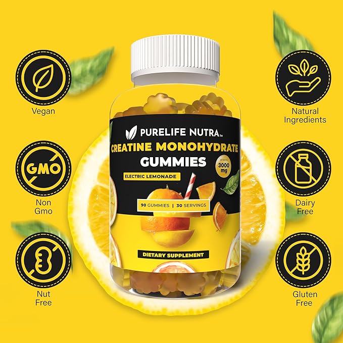 Creatine Monohydrate Gummies - 3g serving, Sugar free, 90 Count, Electric Lemonade flavored Creatine Gummies for Men & Women, Gluten Free, Non Bloating - Vegan, Halal, Kosher. (90 Units, Lemonade)