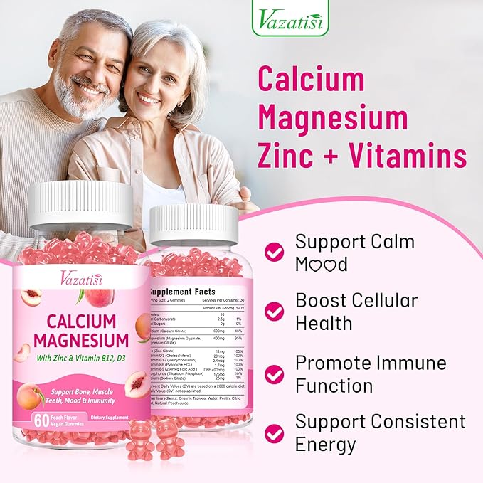 2 Pack Calcium Magnesium Zinc Gummies with Vitamin D3 B12, Calcium Supplements for Women Men, Peach Flavor 120 Cts