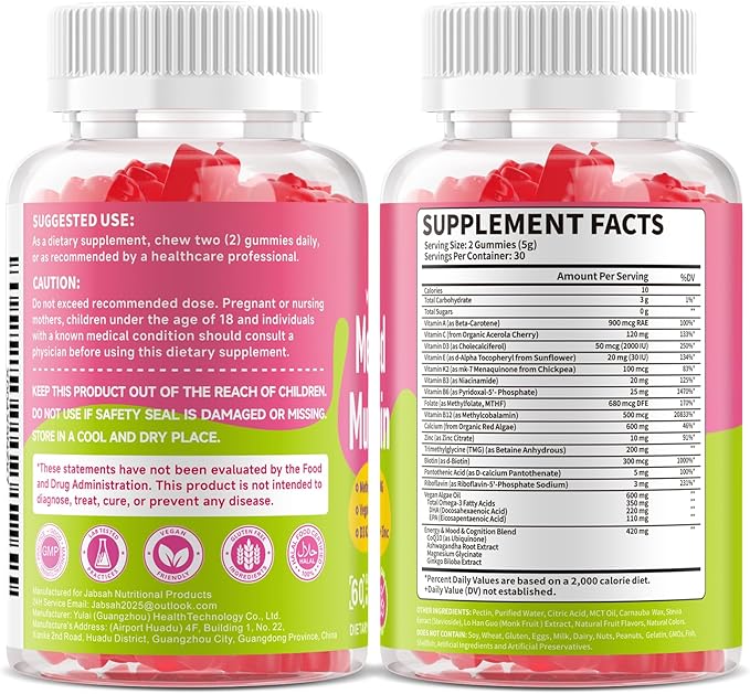 Methylated Vitamin B Complex Gummies for Women & Men, Multivitanins Gummy with Vitamin A, C ,E, Methylfolate & B12, TMG, Calcium, D3 K2, Magnesium & More for Overall Health-Vegan, Sugar Free, 60 Cts