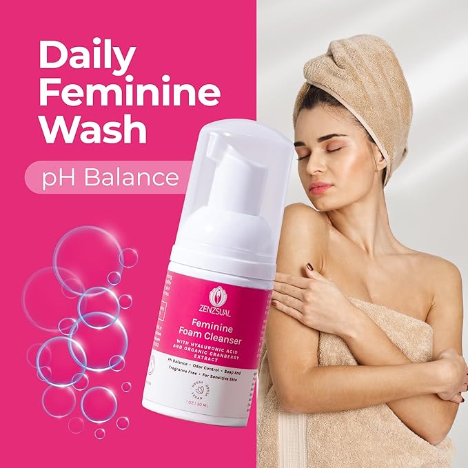 ZENZSUAL Feminine Foam Cleanser with Hyaluronic Acid & Organic Cranberry Extract – pH Balanced Feminine Wash for Sensitive Skin, Fragrance-Free Vaginal Cleanser, Hypoallergenic Intimate Care, 1 oz