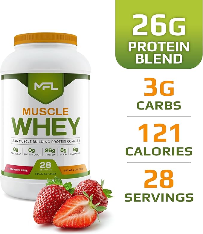 MFL Muscle Whey Protein l 28g of Protein l 8g BCAAs l Keto Friendly l Low Carbs l 2 lbs (Strawberry Cake)