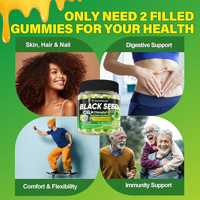 Black Seed Oil Gummies & Chlorophyll, Biotin 500mcg with Hydrolyzed Collagen, Raw Manuka Honey, Organic Cold Pressed - Ultimate Absorption for Skin, Hair & Nails, Digestive, Overall Health, 1 Pack