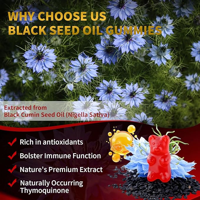 Black Seed Oil Gummies 500mg with Honey and 2% Thymoquinone, Nigella Sativa Seeds for Boost Immune Health, Joints, Digestion, Hair & Skin, Strawberry Flavor, 60 Count