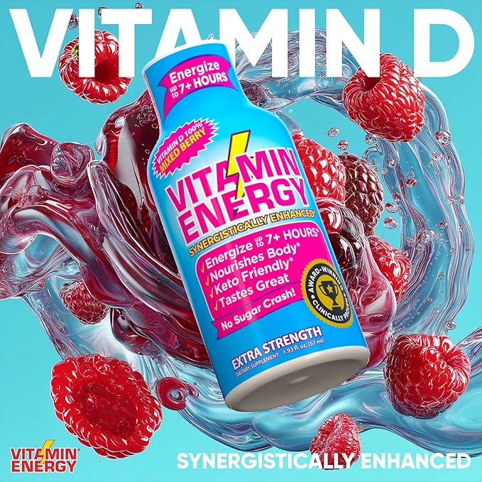Vitamin Energy Vitamin D Extra Strength Energy Shot Mixed Berry 48 Pack, 260mg Natural Caffeine, B-Complex, Vitamin D, Wellness Support, Keto, Zero Sugar, Gluten-Free Vegan Kosher, 1.93 fl oz
