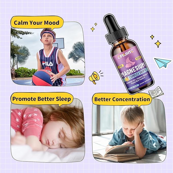 Kids Magnesium Liquid Drops-Magnesium Glycinate Liquid for Kids Supplement-w/L-theanine, Omega-3, Vitamin B6, D3 - for Sleep, Relaxation, Brain, Bones - Mango Flavor, 2 Fl Oz