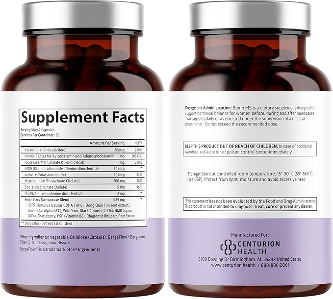 Centurion Health Bump MS, Complete Herbal Menopause Supplement for Women, 19 Powerful Ingredients with Dong Quai, Black Cohosh, Folinic Acid, Methylfolate, Wild Yam, Choline and DHA, 60 Caps