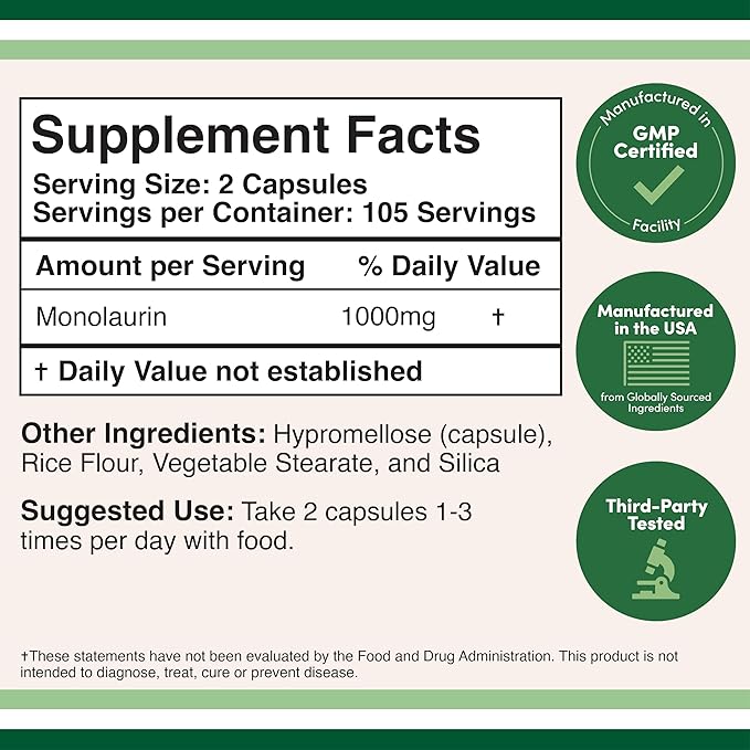 Monolaurin Immune Support Supplement 1,000mg per Serving, 210 Capsules (Vegan Safe, Non-GMO, Gluten Free) Immune Booster for Adults, Immune System Defense by Double Wood