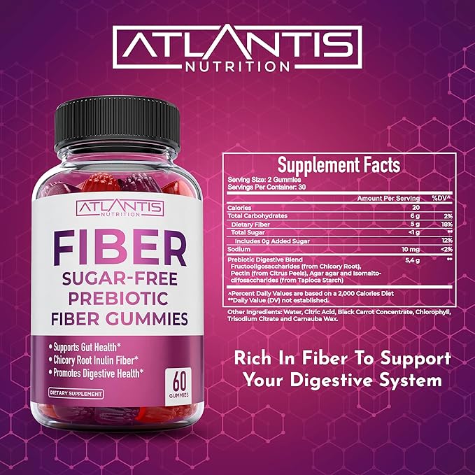 Atlantis Nutrition Sugar Free Fiber Gummies for Adults - 5G Fiber Supplement Formulated with 5.4G Prebiotic Digestive Blend/Serving - Supports Gut Health & Healthy Digestion - 2-Pack 120 Gummies