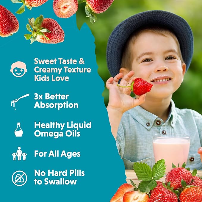 Barlean's Omega Pals Sensational Straw-Nana Flavored Omega-3 for Kids, Yummy Children's Liquid Fish Oil Supplement with 1,483 mg ALA, Non-GMO, Vegan for Brain and Eye Health, 8 oz, 2 Pack