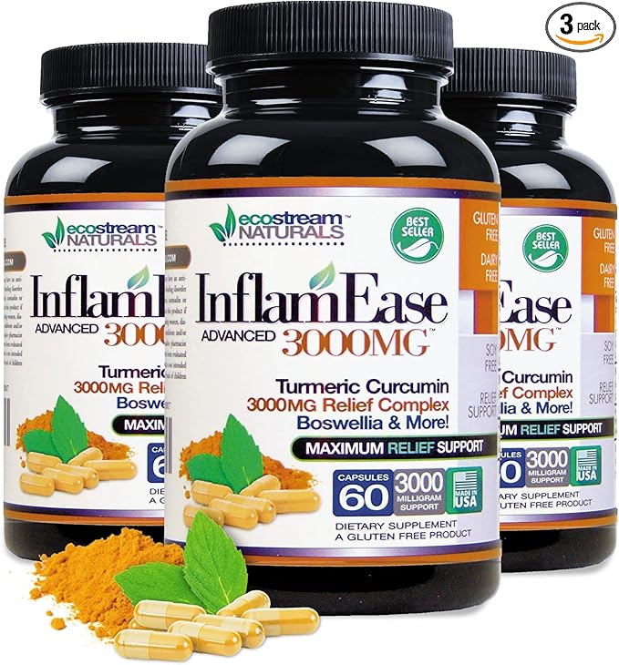 Pack of 3 - Natural Advanced InflamEase with Turmeric, Curcumin, Enzymes and Boswellia - Vegetarian (Packaging May Vary)