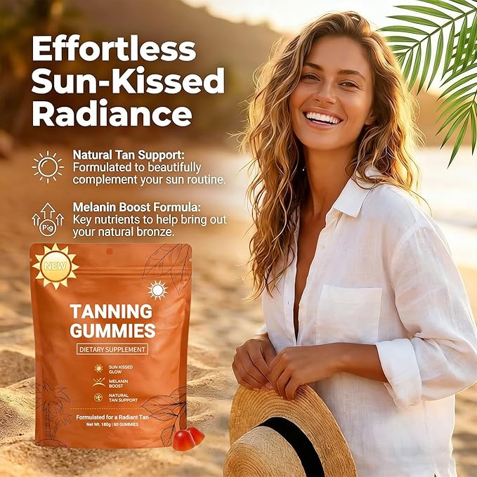 2026 New Tanning Gummies for Women, Skin Radiance & Hydration for Natural Looking Glow, Bronzing, with Vitamin C & E, Astaxanthin, Beta Carotene, Vegan & Sugar Free, Non-GMO, 60 Count (1 Pcs)