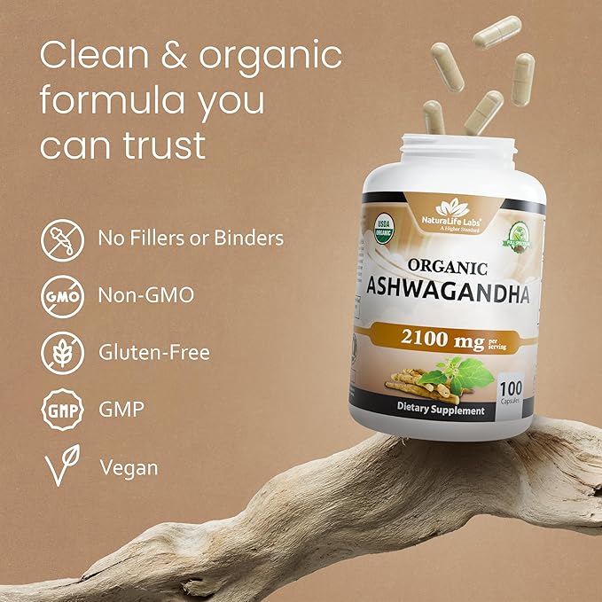 NaturaLife Labs Organic Ashwagandha 2100 mg per Serving – Herbal Supplement Root Powder & Extract – 100 Capsules – Vegan, Non-GMO, Gluten-Free (2 Pack)