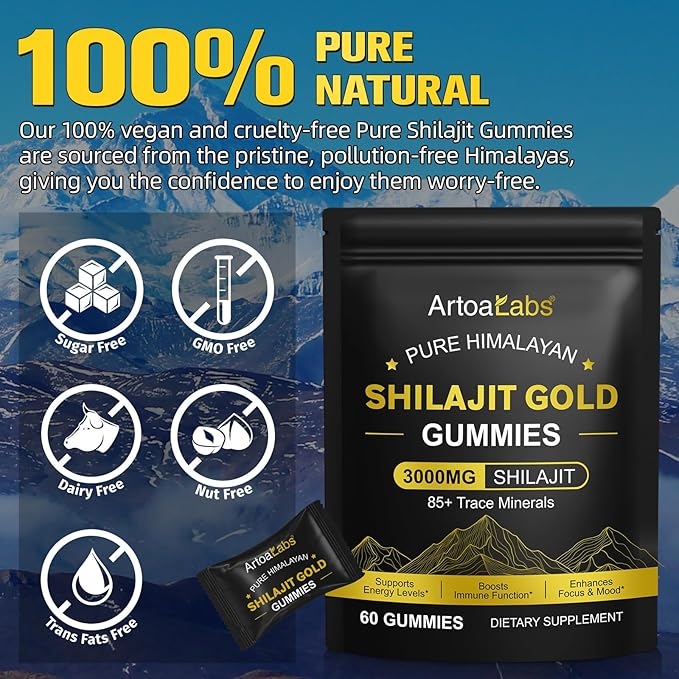 Shilajit Gummies, Pure Himalayan Natural Shilajit Gummies for Men & Women, Rich in Ashwagandha, Gokshura with 85+ Trace Minerals, Energy Boost & Immune Support, 60 Gummies