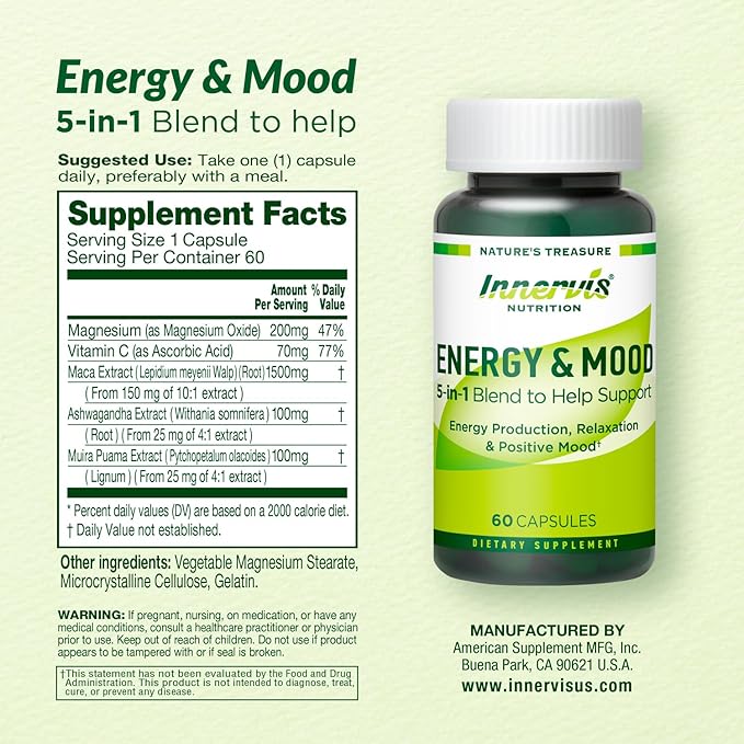 Caffeine Free Natural Energy Boost with Ashwagandha, Maca & Magnesium - Support Stress Relief, Focus & Mood - 60 Capsules by Innervis Nutrition