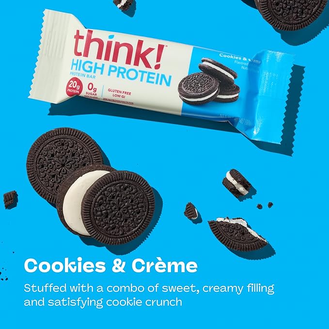 think! Protein Bars, High Protein Snacks, Gluten Free, Kosher Friendly, Cookies and Crème, Nutrition Bars, 2.1 Oz per Bar, 10 Count (Packaging May Vary)