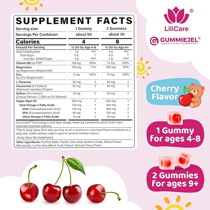 Kids Calm Magnesium Bisglycinate Saffron Gummies + Vegan Omega 3 - Magnesium Glycinate Chelated Supplement for Kids w/L-Theanine & Chamomile, Natural Calming Supplement Focus Gummies Sugar Free, 60ct