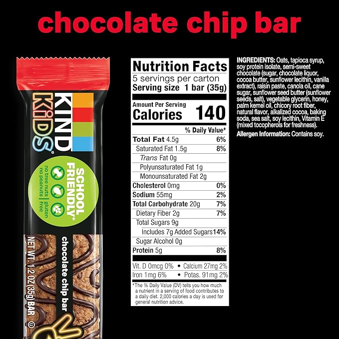 KIND Kids Granola Bars, Chocolate Chip, Gluten Free, Low Sodium, Peanut and Tree Nut Free Snacks, 5g Protein, 5 Count