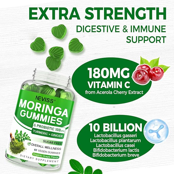 Moringa Gummies for Women Men w/Probiotic Turmeric Ginger Ceylon Cinnamon, Sugar Free, Organic Moringa Powder Capsules Alternatives, Pure Moringa Leaves Green Superfood Supplement - Vegan, 120Cts