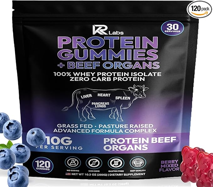 Protein Gummies with Beef Organs | 300g Total Protein per Bag | 10g per Serving Plant Based with Vitamins for Men & Women | Gluten Free Non-GMO Mixed Berry | (120 Count)