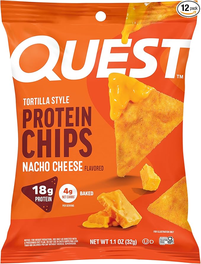 Quest Nutrition Nacho Cheese Tortilla Style Protein Chips, 18g Protein, 4g Net Carb, Low Carb, Gluten Free, 1.1 oz (Pack of 12)