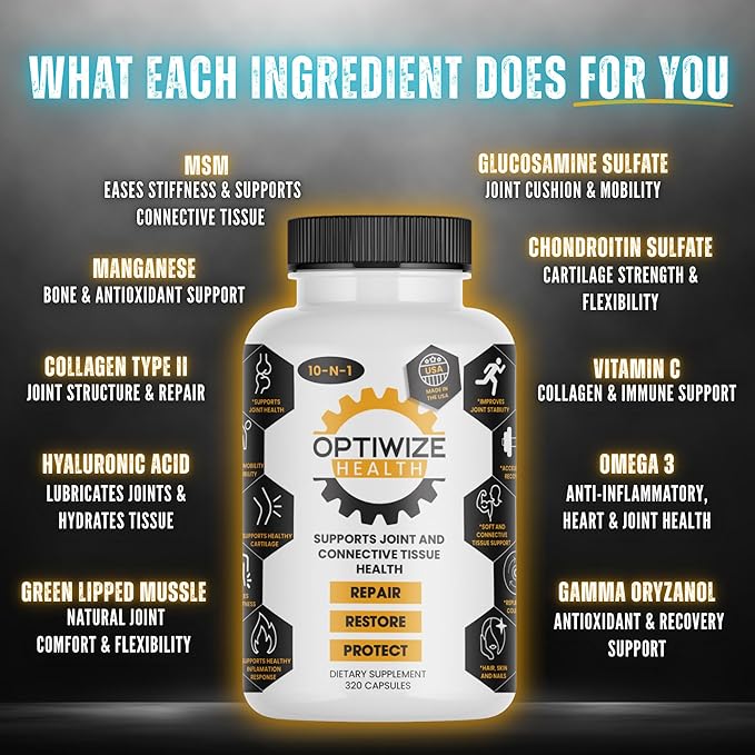 10-N-1 Joint Support Hydrolyzed Collagen,MSM, Hyaluronic Acid, Glucosamine,Chondroitin & More- Targets Joint Discomfort, Improves Mobility & Flexibility 320 Caps for Men & Women Made in USA