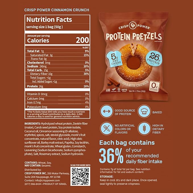 CRISP POWER Protein Pretzels, NEW Cinnamon Crunch, 26G Protein, High Protein Snack, High Fiber, Low Carb Crunchy Pretzel Snacks, No Added Sugar, 1.75 oz Bags, 6 Pack, Vegan, Keto