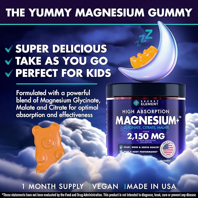 Secret Element Magnesium Glycinate 2150MG Gummies for Women and Men, High Absorption Magnesium Glycinate, Citrate, Malate Gummies for Adults & Kids, Sleep Support, Sugar Free, Vegan, 60 Chews, Orange