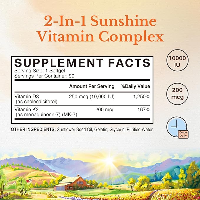 Vitalitown Vitamin D3 K2 Supplement, Vitamin D3 10000 IU Vitamin K2 (MK7) 200 mcg, 90 Softgels (Pack of 2), Non-GMO, No Gluten & Soy, for Bone, Teeth, Immune & Heart Health