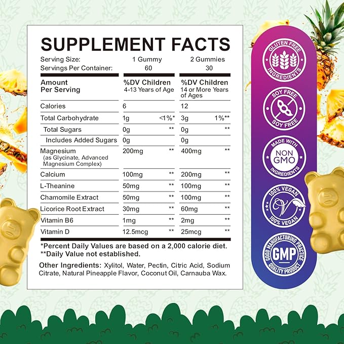 2 Pack Kids Magnesium Gummies, Magnesium Glycinate Gummies for Kids & Adults with L-Theanine, Chamomile, Licorice, Vitamin D, B6 for Sleep, Relaxation, Brain & Muscle, Sugar Free Pineapple