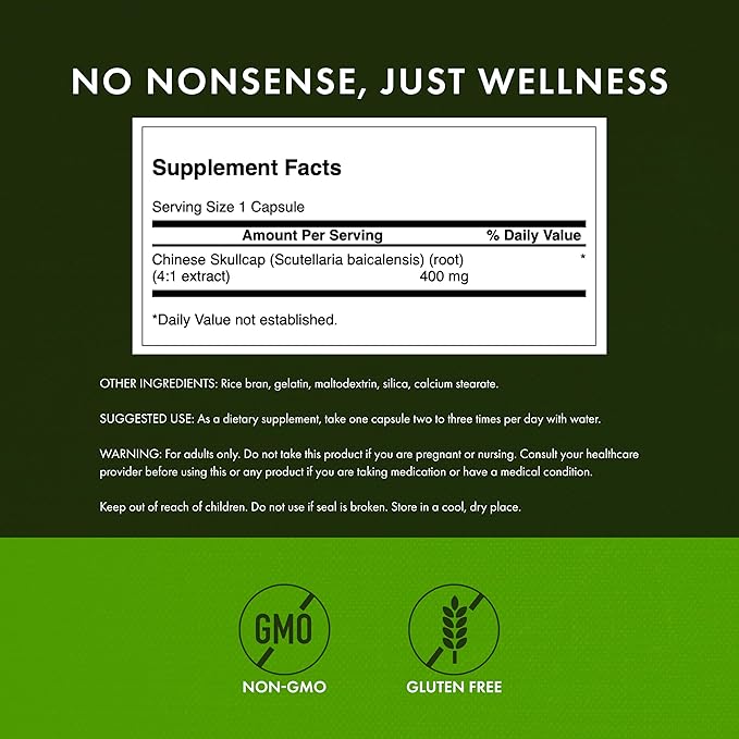 Swanson Chinese Skullcap - Herbal Supplement Promoting Relaxation & Sleep Support - Flavonoid Formula to Help Soothe Nerves - (90 Capsules, 400mg Each)