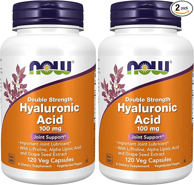 NOW Foods Supplements, Hyaluronic Acid 100 mg, Double Strength with L-Proline, Alpha Lipoic Acid and Grape Seed Extract, 120 Veg Capsules, (Pack of 2)